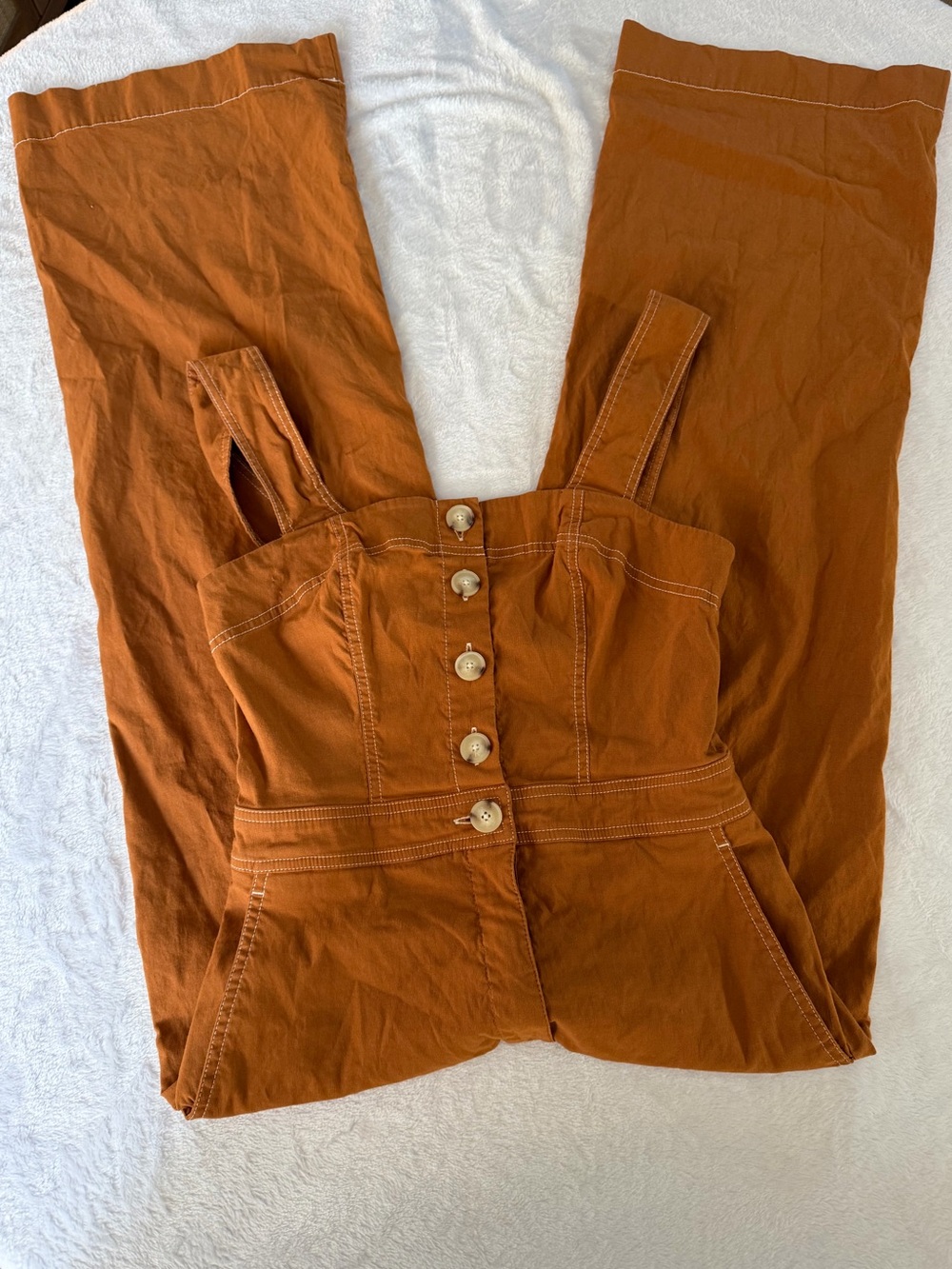 Anthropologie Rust-Orange Button-Front Denim Overalls
